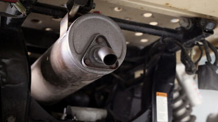 Old car suspensions. Close up car suspension wear and tear parts. CV joint Rubber boot and Control arms bushing Steering rack axles Shock absorber Brake exhaust. Gas Diesel car service repair parts.