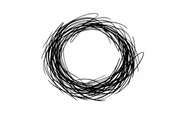 Scribble drawing creating a tangled black circle, illustrating confusion, chaos, and abstract disorder concept with transparent background