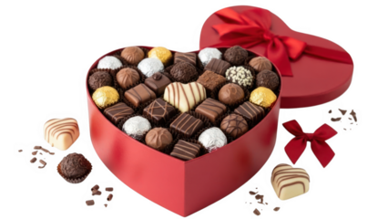 Heart-shaped chocolate box full of assorted sweets isolated on white background