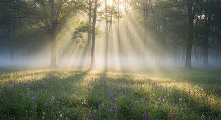 Fototapeta premium Serene misty forest clearing bathed in soft sunlight filtering through the trees, illuminating a vibrant meadow of wildflowers ,woods, wildflowers, plants