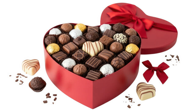 Heart-shaped chocolate box full of assorted sweets isolated on white background