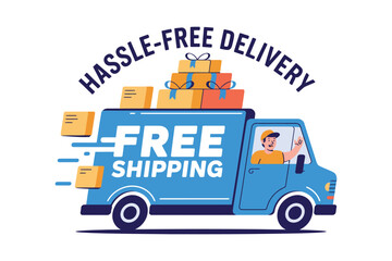 A cartoon delivery truck with free shipping and hassle-free delivery advertised