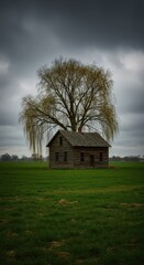 Obraz premium Weathered wooden farmhouse standing alone in a wide expanse of green field, accented by a majestic weeping willow tree under a moody, overcast sky ,willow, antique, field