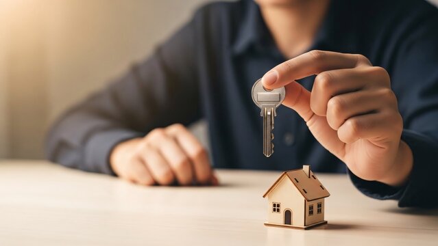 Person holding keys to a small house model with copy space - Powered by Adobe