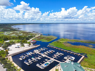 Aerial view overlooking Lakefront Park and marina located on East Lake Toho in the city of St Cloud in Osceola County, Florida.