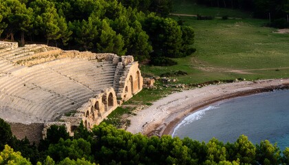 Illustration of ancient stone amphitheater by a serene body of water surrounded by lush greenery and trees on a sunny day
