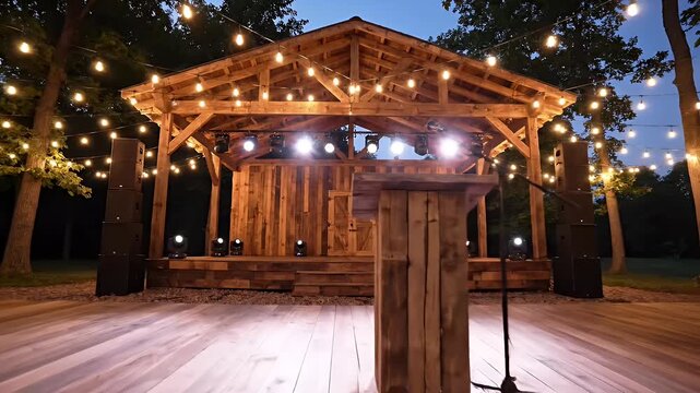 Outdoor Wooden Stage at Dusk - A rustic wooden stage is illuminated by string lights and spotlights against a twilight sky.