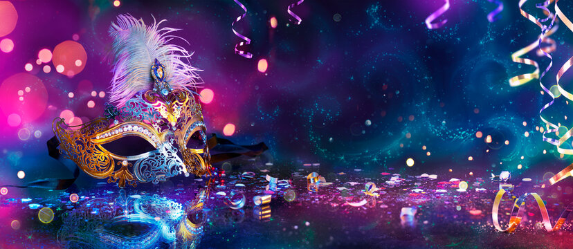Carnival - Masquerade Disguise With Confetti - Venetian Mask With Abstract Glittering And Fractal Pattern Lights