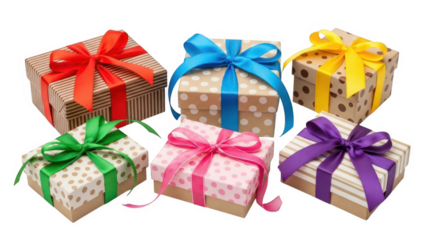 Colorful gift boxes with ribbons isolated on white background