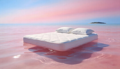 Serene white mattress floats on tranquil pink water at sunset