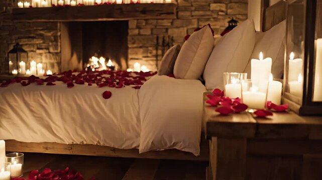 Romantic Candlelit Bedroom Setting - A cozy bedroom is beautifully arranged with numerous lit candles, creating a warm and romantic atmosphere.
