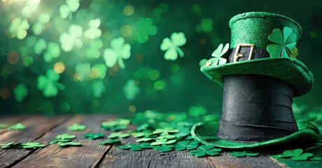 Festive scene features black top hat, green details, shamrocks. Background displays blurred clover pattern, wooden surface. Celebratory, vibrant imagery.