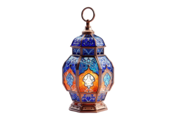 Ornate blue glass lantern isolated on transparent background