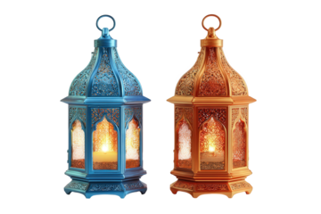 Colorful decorative lanterns with intricate designs isolated on transparent background