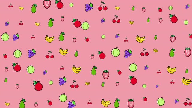 Pattern of various fruits scattered, pink background  perfect for food packaging, summerthemed designs or healthy lifestyle illustrations.