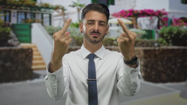 Young hispanic man in white shirt and tie flips both middle fingers toward camera on sunny city street with stone building and pink flowers; defiance.