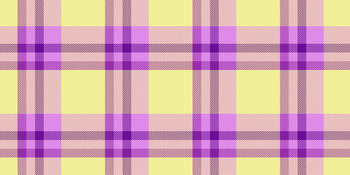 Womens fashion check texture vector, calm seamless plaid background. Genuine fabric textile tartan pattern in purple and yellow colors.