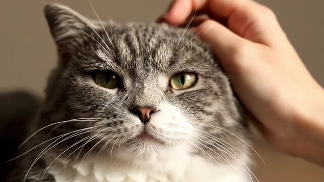 Person gently petting a gray and white cat's head