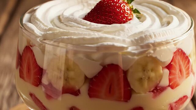 Layered Strawberry Banana Trifle Dessert - A close-up view of a delightful trifle dessert, featuring layers of fresh strawberries and banana slices nestled within creamy custard.