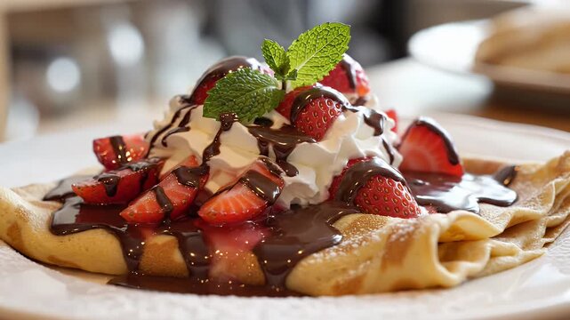 Decadent Crepes with Strawberries and Chocolate - A delicious plate of crepes topped with fresh strawberries, rich chocolate drizzle, and a generous dollop of whipped cream, garnished with a sprig of