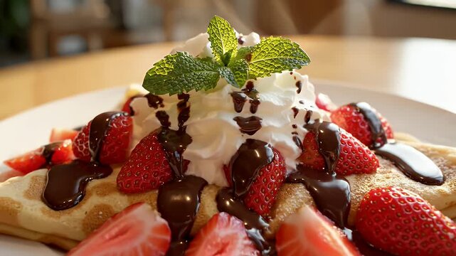 Strawberry Crepe Dessert - A delicious crepe is topped with fresh strawberries, a generous dollop of whipped cream, and drizzled with rich chocolate sauce.
