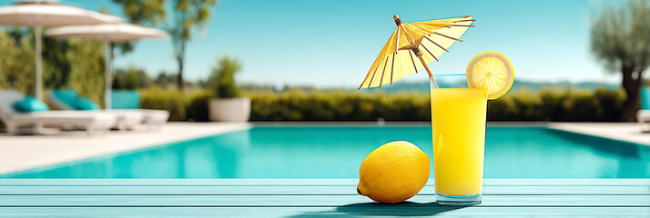 Obraz premium Refreshing lemonade with a colorful umbrella by a sunny poolside in summer.