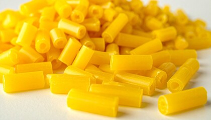 Close-up of yellow plastic pellets with flat ends, densely packed and uniformly shaped on neutral surface.