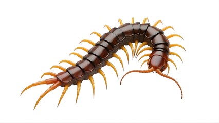 A centipede with orange legs and a brown body on a transparent background