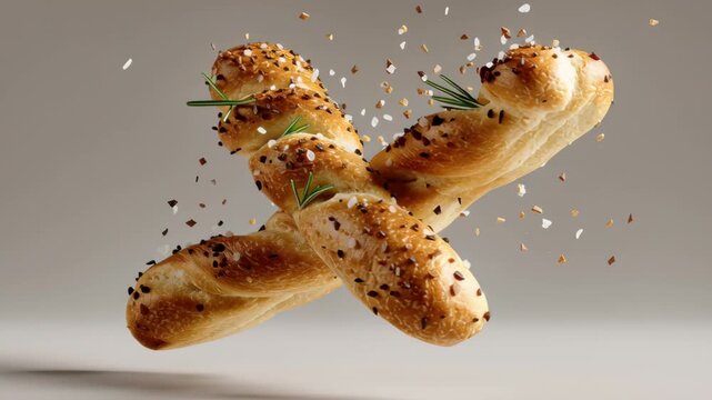 Twisted bread sticks in mid-air with seasoning and herbs floating around, showcasing dynamic movement and texture in a visually appealing culinary display of fresh baked goods