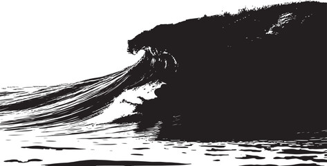 Silhouette of a massive ocean wave cresting and breaking near the rocky shore.