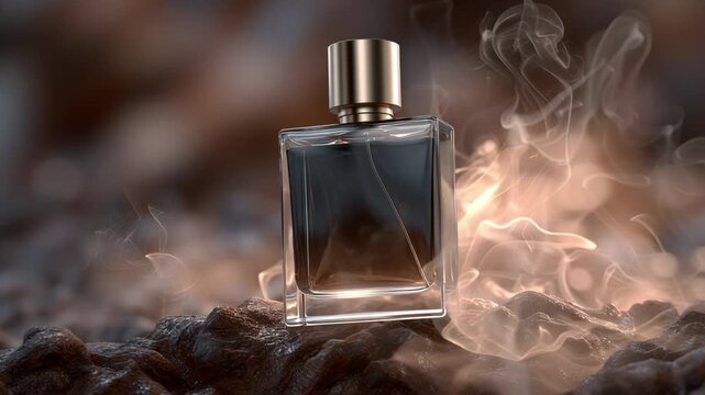 Elegant glass perfume bottle with golden cap surrounded by swirling aromatic smoke on textured surface showcasing the essence of luxury and sophistication in a captivating visual narrative