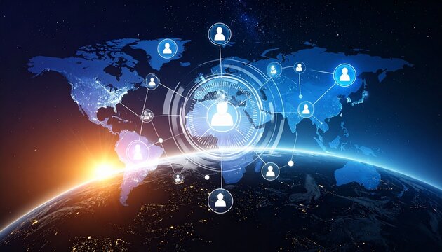 Digital network interface with glowing user icons and connected nodes on dark background. - Powered by Adobe