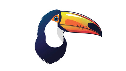 Fototapeta premium Vibrant toucan perched with a bright orange beak over lush rainforest foliage.