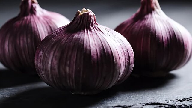 Close-Up of Fresh Purple Garlic Bulbs - A dramatic close-up shot of three fresh purple garlic bulbs placed on a dark textured surface, highlighting their vibrant color and natural texture under soft