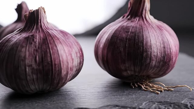 Solo Garlic Bulbs on Slate - This video showcases three purple solo garlic bulbs arranged on a textured dark slate surface.