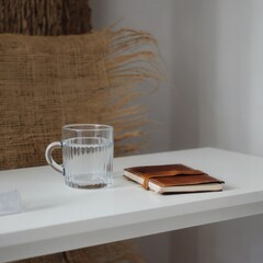 A modern home office interior featuring a clear glass of water and a brown notebook on a white table. The background includes a textured beige cushion.
