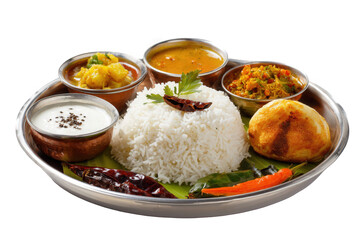 Delicious indian thali with rice and curries isolated on transparent background