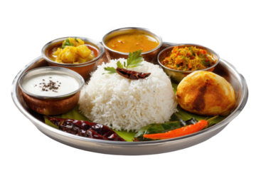 Delicious indian thali with rice and curries isolated on transparent background