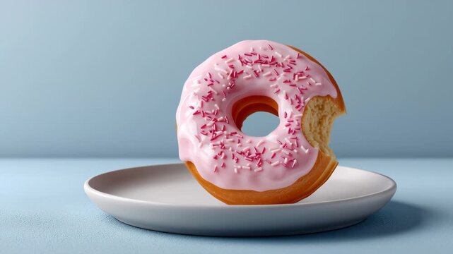 Delicious pink frosted donut with sprinkles on a white plate gradually revealing bite marks showcasing the soft texture and appealing design in a minimalist setting