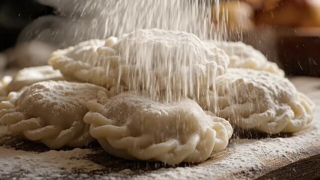 Freshly Made Pierogi - A close up of a wooden board piled high with freshly made pierogi. Powdered flour is being sprinkled over the dumplings.