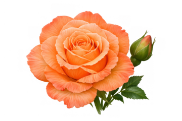 Orange rose flourishing with a growing green bud and vibrant leaves, displaying natural beauty on a transparent background