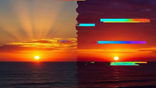 Split Sunset Over Ocean with Glitch Effect.