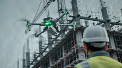 Digital literacy Drone digital intelligence science technology flying over construction site with worker wearing helmet inspiring future imagination