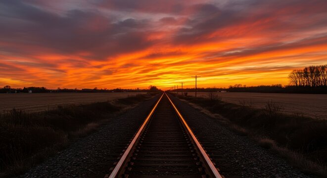 Vibrant orange and fiery sunset painting low, heavy clouds over long, straight steel railroad tracks leading toward the horizon at dusk ,red ,steel ,travel