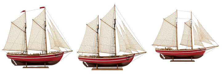 Set of Red Model Sailboats with White Sails on Wooden Stands from Different Side-Profile Angles Isolated on White Background Oil Paint PNG