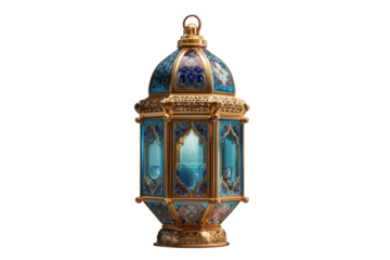 Ornate blue glass lantern with gold accents isolated on transparent background