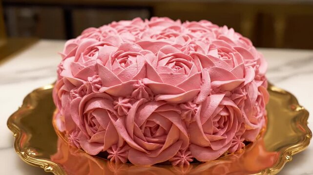 Pink Rose Cake on Gold Platter - A beautiful round cake decorated with a rose pattern made of light pink frosting sits on a shiny gold platter.