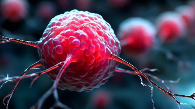 Microscopic view of a cancerous cell dividing and spreading in the body.