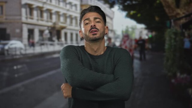 Man stands with arms crossed on busy city street in daylight, gazing forward with neutral expression; confidence.
