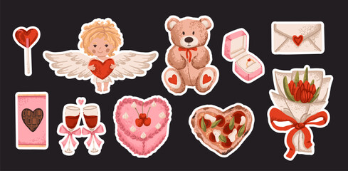 Set of Valentine Day stickers with bear, heart cake and chocolate on dark background